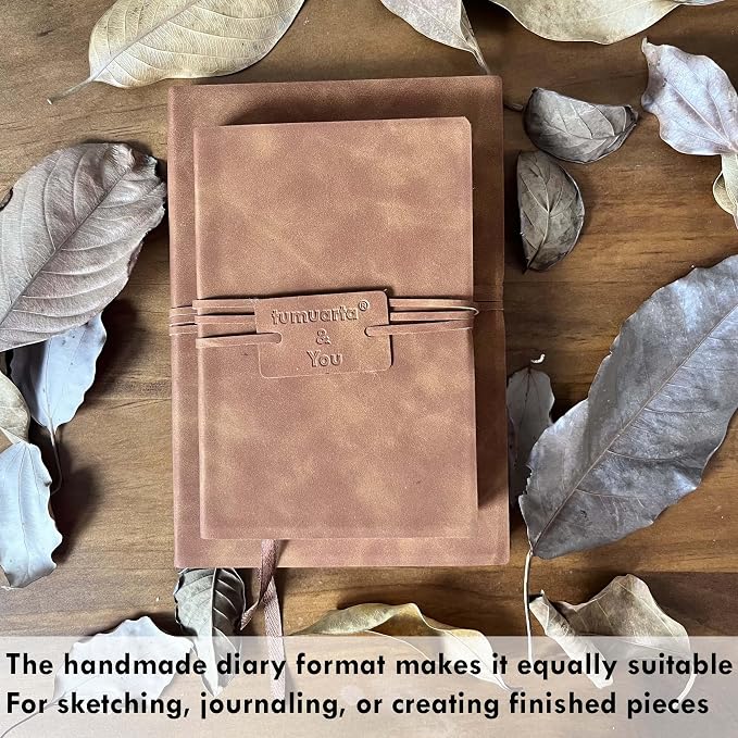 tumuarta Deckle Edge Watercolor Paper Sketchbook, 100% Cotton Vintage Leather Journal, 140 Lb, 300 GSM, 24 Sheets Handmade Diary for Mixed Media Techniques. (Black, 7.5"x5")