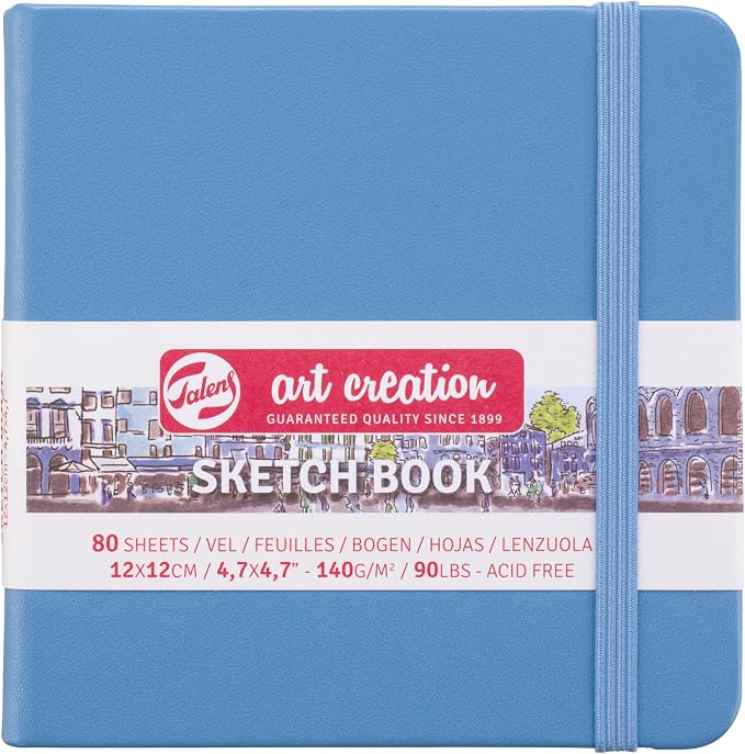 Talens Art Creation Sketchbook, Lake Blue, 80 Sheets, 4.7 x 4.7 in | Hard-Bound Pocket Notebook, 140 GSM/94 lbs Paper, Acid-Free Cream Blank Paper, Ribbon Bookmark, and Elastic Closure