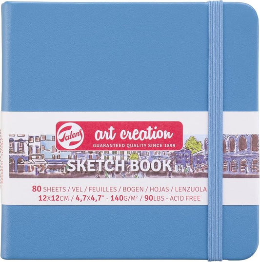Talens Art Creation Sketchbook, Lake Blue, 80 Sheets, 4.7 x 4.7 in | Hard-Bound Pocket Notebook, 140 GSM/94 lbs Paper, Acid-Free Cream Blank Paper, Ribbon Bookmark, and Elastic Closure