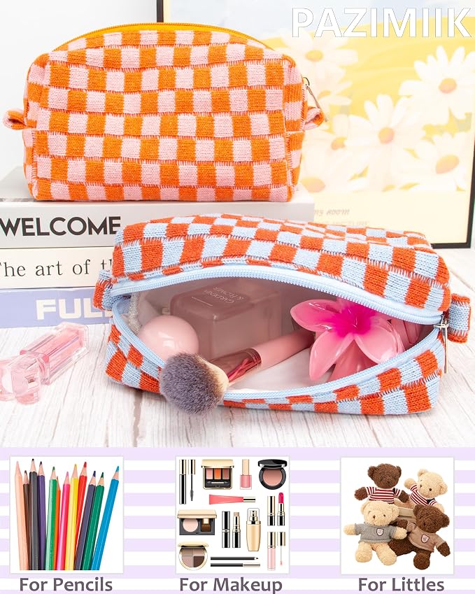 Checkered Makeup Bag for Purse, Small Travel Cosmetic Pouch,Orange Blue | Cute Zipper Makeup Organizer for Women, Travel Essentials, Toiletries, Makeup Brushes, Beauty Accessories&Bridesmaid Gifts