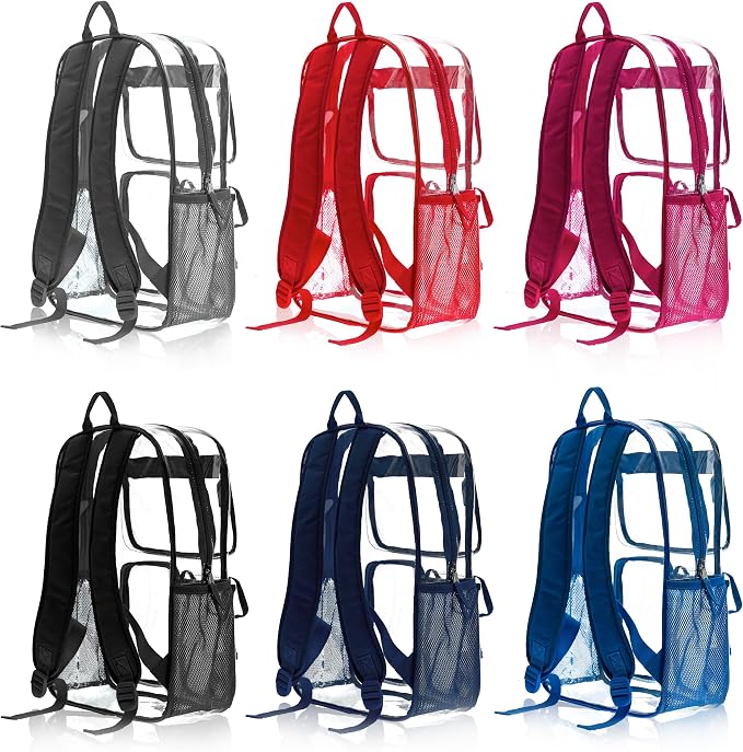 12 Pack 17" Bulk Clear Backpacks With 34 Pc School Supplies Kit, 6 Colors | Wholesale Transparent Bookbags for Kids, Reinforced Clear Vinyl Backpack Set for Charity Giveaways & Back to School Drives