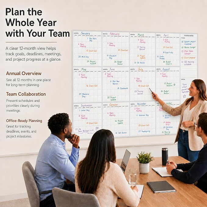 Extra Large Dry Erase Calendar for Wall 55" x 34" Undated Yearly Calendar | Vertical12 Month Layout, Reusable Whiteboard Calendar, Erasable Monthly Planner for Home Office School