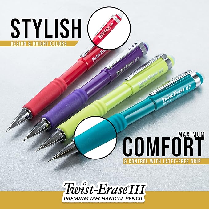 Pentel Twist-Erase III Mechanical Pencil, (0.7mm), Medium Line, Black Barrel, Pack of 4 (QE517BP4A)