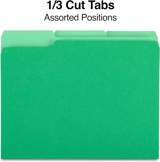 Staples File Folder, Letter Size, 1/3‑Cut Tab, Green, Durable Paper Stock, 200/Carton