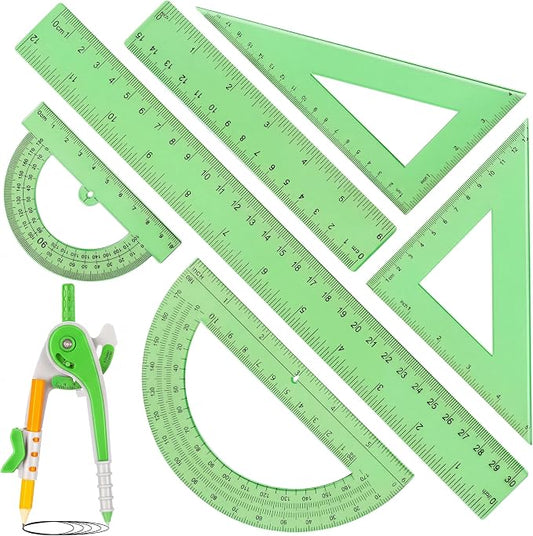 Zonon 1 Set Plastic Geometry Math Set 7 Pcs Includes 6'' / 4 '' Protractor, Drawing Compass, 45/60 Degree Triangle Rulers, 12'' / 6'' Math Ruler Transparent for Office Supplies(Green)