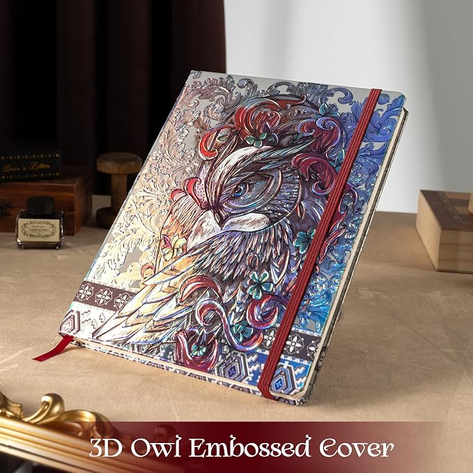 MGGAO B5 Lined Journal Notebook, Aesthetic Owl Embossed, Hardcover | Wide Ruled, 6.8" X 9.1", 192 Pages, Ribbon, Elastic Band, For Women & Men, For School & Office, Writing & Note Taking