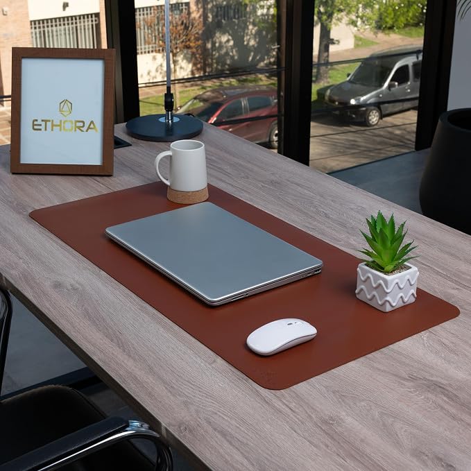Desk Mat -Computer Desk mat with Non Slip Suede Bottom with Stitched Edges- Waterproof - Leather Desk pad PU Desk Cover for Home, Mouse, Makeup Mat for Vanity (Brown, 35.4 X 15.7)