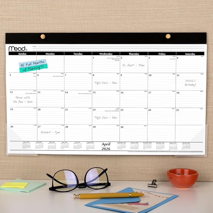 Mead Desk Calendar 2026-2027 Planning Pad, Academic 15-Month April-June, Monthly, 17.75" x 11" Compact, Ruled Daily Block (CAM82005)