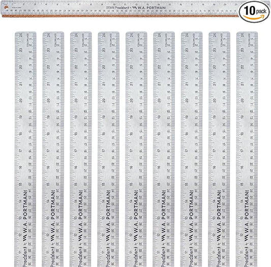Breman Precision Metal Ruler 24 Inch Cork Back – 10 Pk Stainless Steel Straight Edge, Flexible Non-Slip Metal Ruler with Cork Backing – Imperial & Metric for Crafting, School, Workshop & Home Use