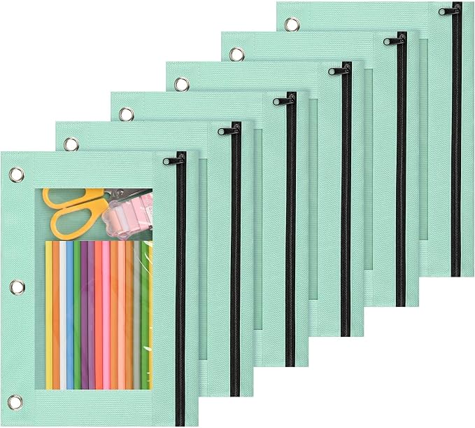 Lanpn Pencil Pouch for 3 Ring Binder 6 Pack, Pastel Binder Pen Bags with Zipper, 3 Holes Pencil Holder Stationary Organizer for Boy Girl Kids School Student, Reinforced Grommets & Clear Window, Green