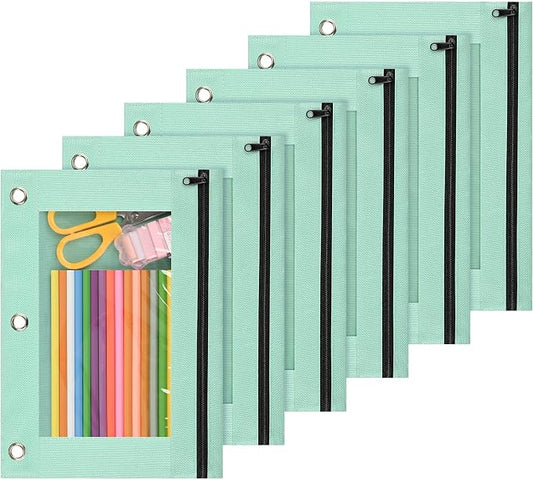 Lanpn Pencil Pouch for 3 Ring Binder 6 Pack, Pastel Binder Pen Bags with Zipper, 3 Holes Pencil Holder Stationary Organizer for Boy Girl Kids School Student, Reinforced Grommets & Clear Window, Green