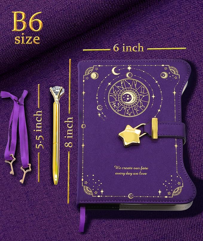 Hoci Poci Diary with Lock and Keys for Girls Gift Ideas, 360 Pages Journal | Elegant Gift Box for Teen Girls, B6 Kraft Pages Refillable Notebook with Pen and Bookmark for Writing, Astro Purple