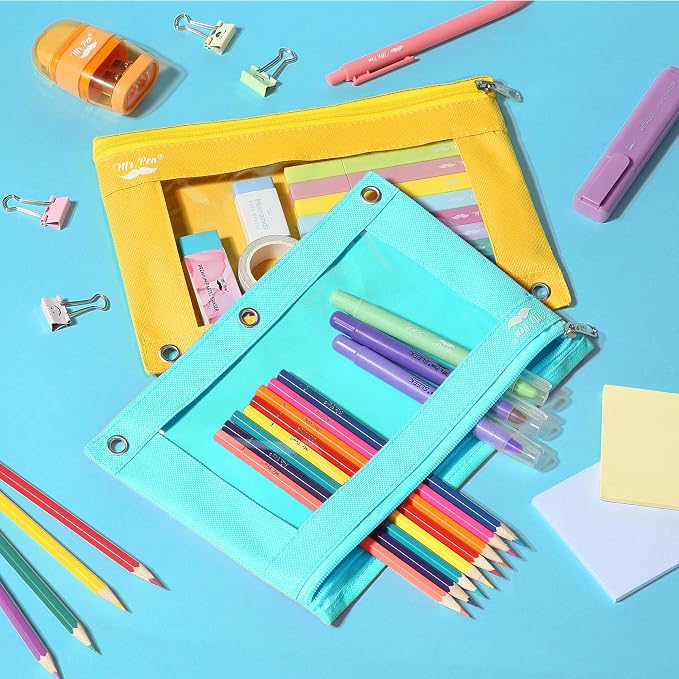 Mr. Pen- Pencil Pouch for 3 Ring Binder, 2 Pack, 10"x6.75", Smooth Zipper | Clear Window, Large Capacity Pencil Case with 3 Reinforced Grommets for School, Office, Supplies Storage | Clear Window, Large Capacity Pencil Case with 3 Reinforced Grommets f...