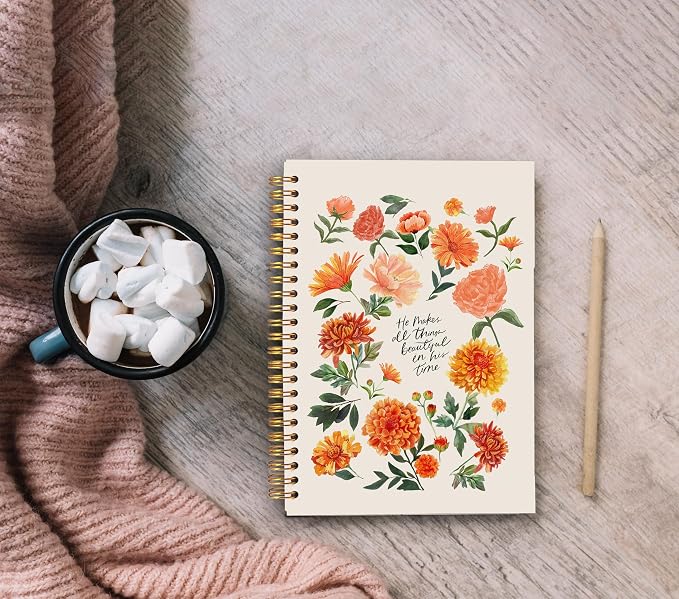 Ecezatik Floral Christian Notebook Journal, Inspirational Bible Notebook for Note Taking, He Makes All Things Beautiful in His Time Religious Spiral Journal 5.5x8.3 Inch