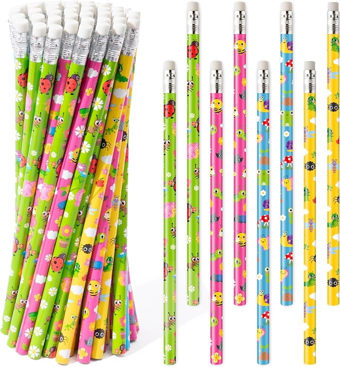 Xqumoi 60Pcs Insects Pencils with Eraser - Spring Butterfly Bee Ladybug #2 HB Pencils, School Classroom Student Rewards Office Supply Holiday Gift Goodie Bag Fillers Stuffers Party Favors