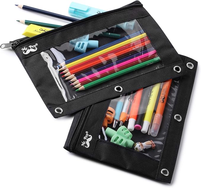 Mr. Pen- Pencil Pouch for 3 Ring Binder, 2 Pack, 10"x6.75", Smooth Zipper | Clear Window, Large Capacity Pencil Case with 3 Reinforced Grommets for School, Office, Supplies Storage | Clear Window, Large Capacity Pencil Case with 3 Reinforced Grommets f...