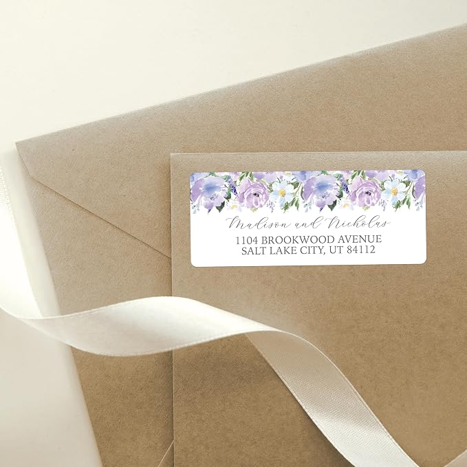 Return Address Labels Personalized with Your Choice of 30 Flower Styles - Choose Font and Font Color or Add Custom Text - Perfect for Wedding Envelopes (023 Purple Flowers)