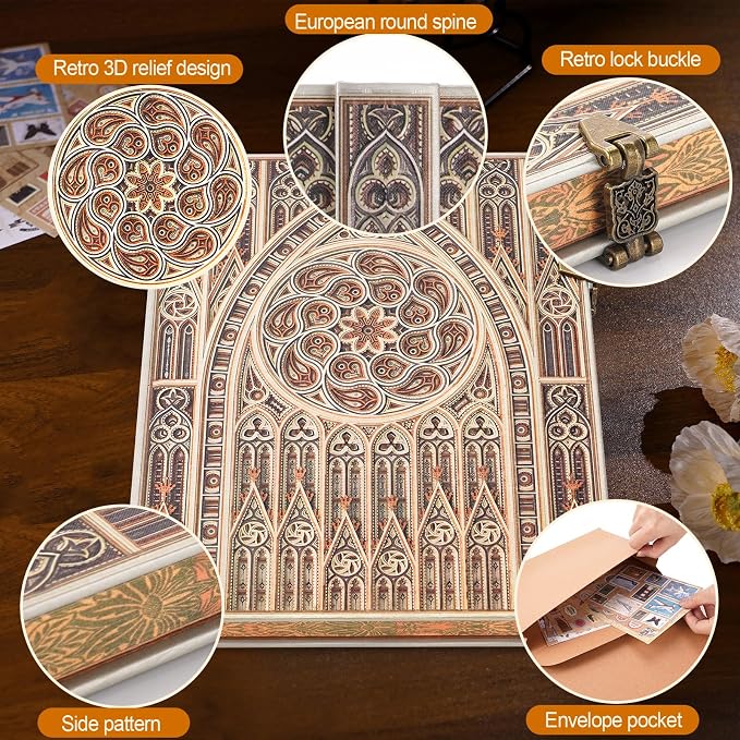 Retro 3D Hot Stamping Gothic Dome Patterned Cover Notebook,Contains 96 Sheets/192 Blank Lines Lined Journal,With Envelope Pocket Journal,Suitable As A Notebook,Travel Diary,Wedding Anniversary.
