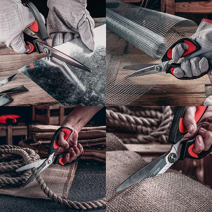 LIVINGO 10" Heavy Duty Multipurpose Shears for Shop & Garden (Red/Black) | Forged stainless steel with titanium coating. Cuts fabric, cardboard, pruning branches, household materials. Rust-resistant.