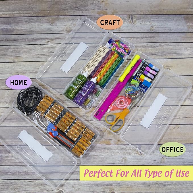 BAZIC PRODUCTS Clear Ruler-Length Pencil Box, 4-Pack | 13 3/8 x 5 3/8 x 2 1/2 in, snap-latch lid for long supplies