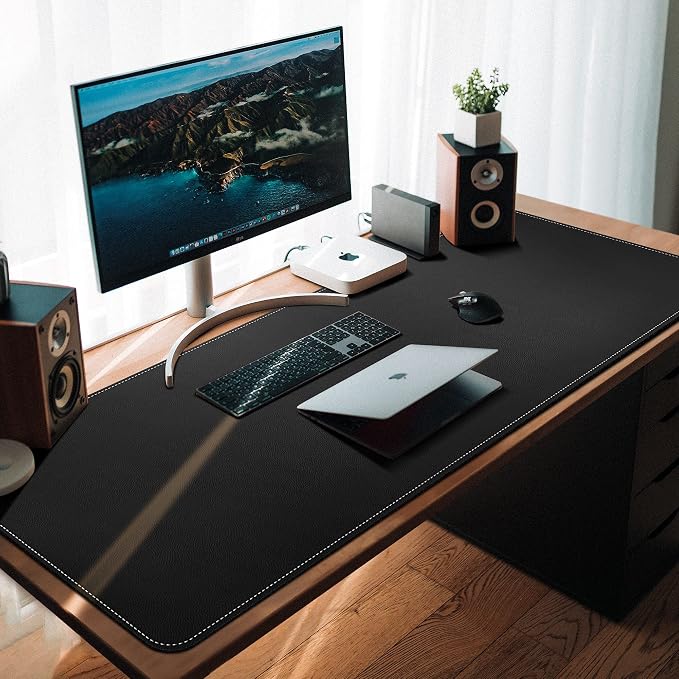 CENNBIE 59" x 27.5" Large Leather Desk Mat,Waterproof Desk Pad(Black) | Premium stitched edges resist wear. Easy to clean. Protects desk from spills, stains ,scratches. Smooth glide. Office & home.