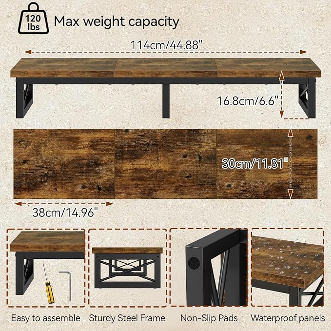 IBUYKE 45" Large TV Riser for 32-60 inch TV,Tabletop Short TV Stand with Storage and Steel Legs,Dual Screen Office Desk,Stand Riser,TV Riser Stand for Home,Bedroom,Living Room,Rustic Brown TVT002H