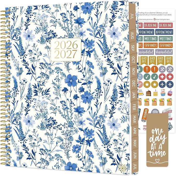 bloom daily planners 2026-2027 Planner (8.5” x 11") 13 Month Academic Organizer (July 2026 - July 2027) - Weekly & Monthly Agenda Book with Stickers & Tabs - Blue & White Floral