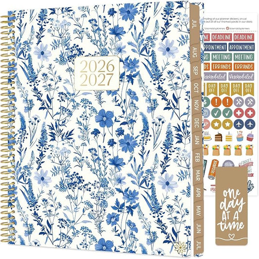 bloom daily planners 2026-2027 Planner (8.5” x 11") 13 Month Academic Organizer (July 2026 - July 2027) - Weekly & Monthly Agenda Book with Stickers & Tabs - Blue & White Floral
