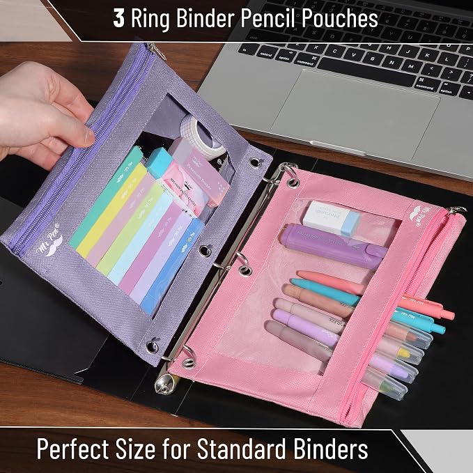 Mr. Pen- Pencil Pouch for 3 Ring Binder, 2 Pack, 10"x6.75", Smooth Zipper | Clear Window, Large Capacity Pencil Case with 3 Reinforced Grommets for School, Office, Supplies Storage | Clear Window, Large Capacity Pencil Case with 3 Reinforced Grommets f...