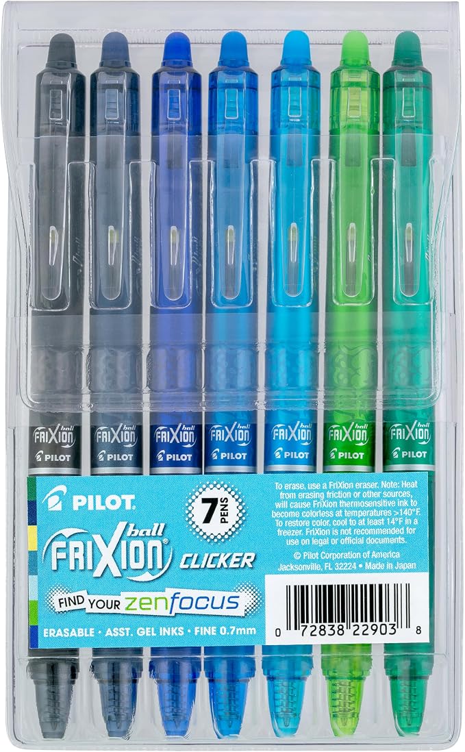 Pilot, FriXion Vibe Clicker Premium Erasable Gel Ink Pens, Find Your ZenFocus Vibe, Calm & Confident Colors, 7 Pack, Fine Point 0.7 mm, Assorted Blue/Green Inks