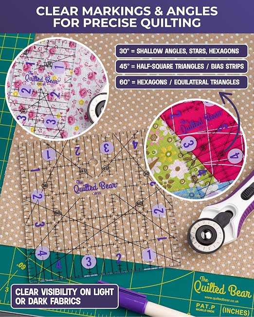 The Quilted Bear Small Quilting Ruler Bundle, 2.5", 3.5", 4.5", 5.5" & 6.5" | 5 Square-Ruler Assortment, Transparent Acrylic, Non Slip, Clear Black Lines, 30, 45 & 60 Degree Angles, for Patchwork, Sewing
