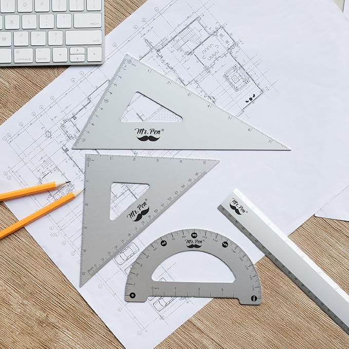 Mr. Pen- Metal Geometry Kit, 4 Pack, 45° & 30°/60° Set Squares | 6" Protractor & 12" Ruler, Durable Metal Drafting Tools for Technical Drawing, Math, Engineering & Architecture