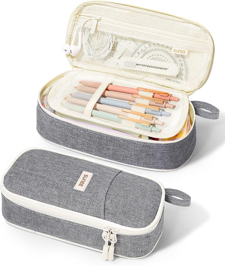 SUNEE Cute Pencil Case, Aesthetic Pen Pouch, Colored Large Pencil Bag with Zipper, Kawaii Stationery Storage and Organizer, School Supplies for Teen and Adult Girls, Gray