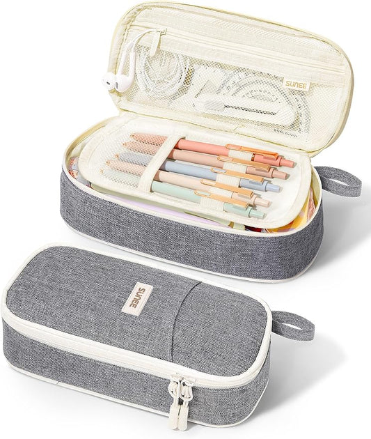 SUNEE Cute Pencil Case, Aesthetic Pen Pouch, Colored Large Pencil Bag with Zipper, Kawaii Stationery Storage and Organizer, School Supplies for Teen and Adult Girls, Gray