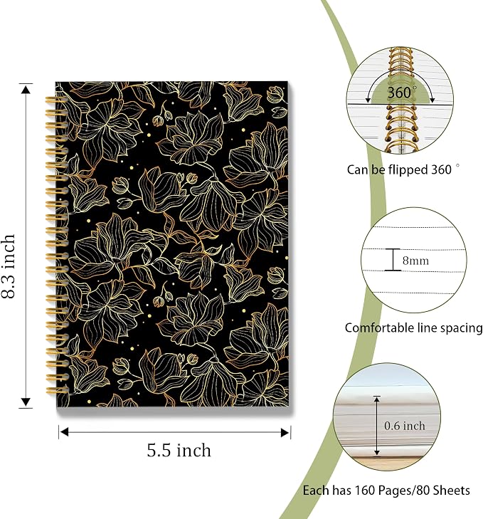 Black and Gold Floral Spiral Notebook, Abstract Modern Luxury Flower Journal for Women, Elegant Vintage Botanical Linear Floral Hardcover Notebook Journal, 5.5x8.3 Inch