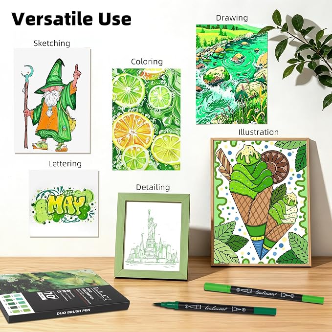 LIULIUCAI 10 Green Dual Markers, Fine & Brush Tip Pen for Adult Coloring | Lush Green Markers, Colored Pens for Landscapes, Leaves, Nature Journals, Botanical Art, Drawing Illustration Lettering