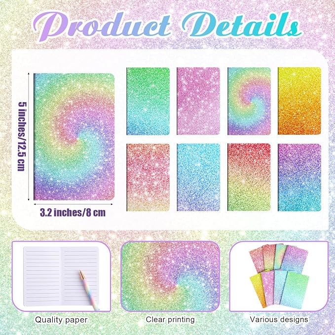 Sayglossy 16 Pack Glitter Pens and Notepads Set 8 Mini Glitter Pocket Notebooks 8 Fancy Sparkly Ballpoint Pens Stationery Gifts for Women Teacher Journaling School Office Supplies(Rainbow Color)