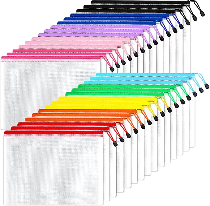 SUNEE Mesh Zipper Pouch 11x15 in (10 Colors, 30 Packs), Large Mesh Zipper Pouch Bags for School Office Supplies, Puzzles & Games, Travel Accessories