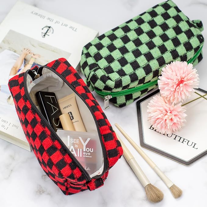 Checkered Makeup Bag for Purse, Small Travel Cosmetic Pouch,Red Black | Cute Zipper Makeup Organizer for Women, Travel Essentials, Toiletries, Makeup Brushes, Beauty Accessories&Bridesmaid Gifts