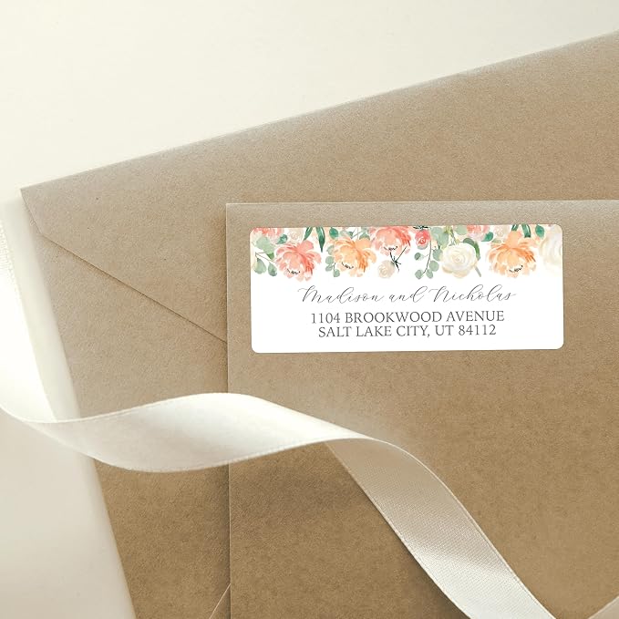 Return Address Labels Personalized with Your Choice of 30 Flower Styles - Choose Font and Font Color or Add Custom Text - Perfect for Wedding Envelopes (026 Peach Flowers)