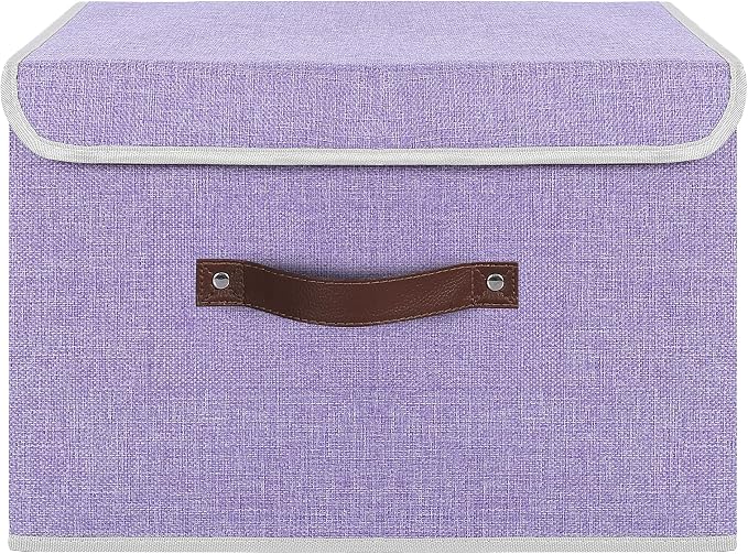 ANMINY 4PCS Storage Bin with Lid Storage Boxes with PU Leather Handles PP Plastic Board Decorative Foldable Lidded Cotton Linen Fabric Home Cubes Baskets Closet Organizer Container - Purple, Medium