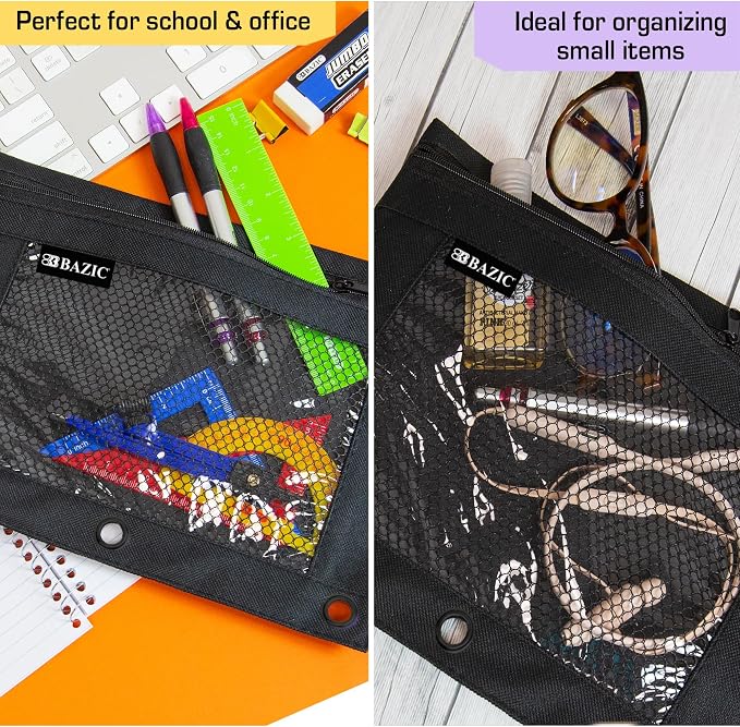 BAZIC PRODUCTS Black 3-Ring Pencil Pouch with Mesh Window, 10-Pack | clear mesh window and a zipper closure for pens, pencils, supplies