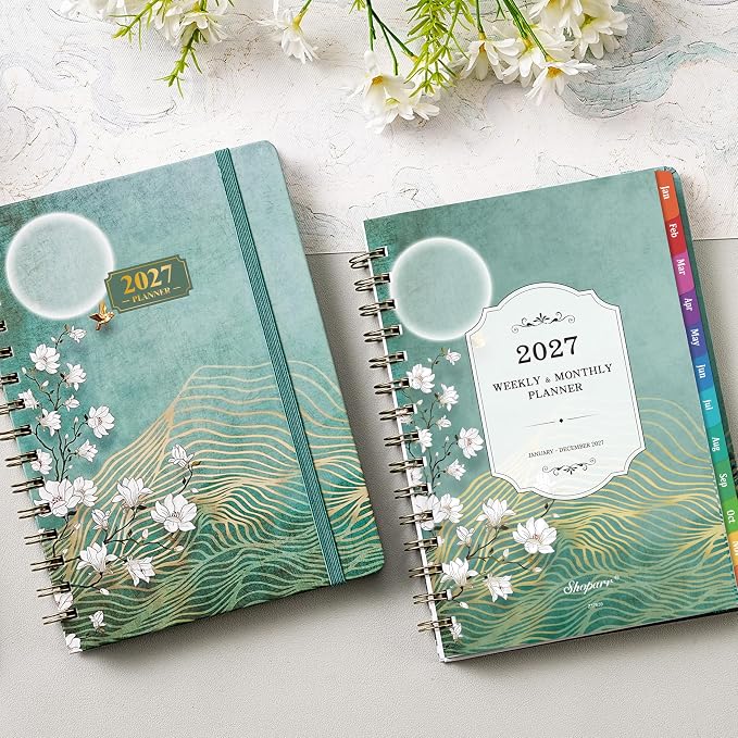 2027 Planner - JAN. 2027 - DEC. 2027, 2027 Planner Weekly and Monthly, Weekly and Monthly Planner with Colorful Tabs, Premium Paper, Twin-wire Binding - Hardcover (6.4" x 8.5", Green, Back Pocket)