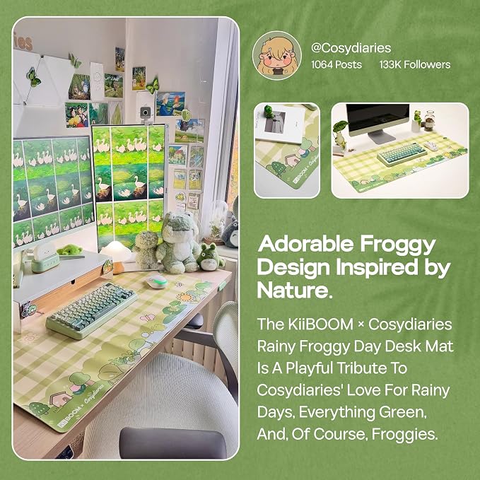 KiiBOOM X Cosydiaries Rainy Froggy Day Desk Mat, Non-Slip, 35.4’’ x 15.7’’ | Large Gaming & Office Mouse Pad for Keyboard/Mouse/Laptop, PU Leather, Durable & Waterproof