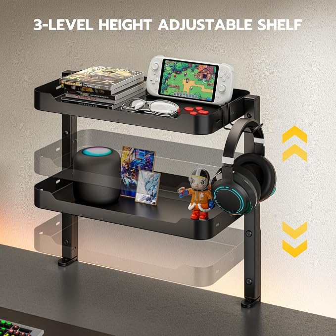 ARES WING 2-Tier 16 inch Clamp On Desk Shelf, Above or Under Desk Storage | Adjustable Desktop Organizer Shlef Holds 66 lbs Heavy Duty, with Headphone Holder for Working and Gaming Accessories, Black