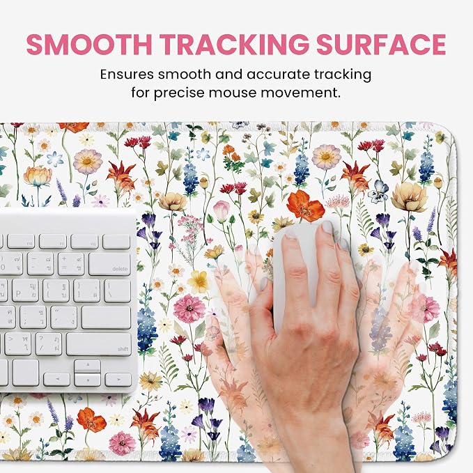 Large Mouse Pad for Desktop, Cute Desk Mat Pad Protector for Work & Gaming, Aesthetic Pretty Anti-Slip Laptop Blotter Cover for Office School Home Supplies, Wildflowers, 31.5" x 11.8"