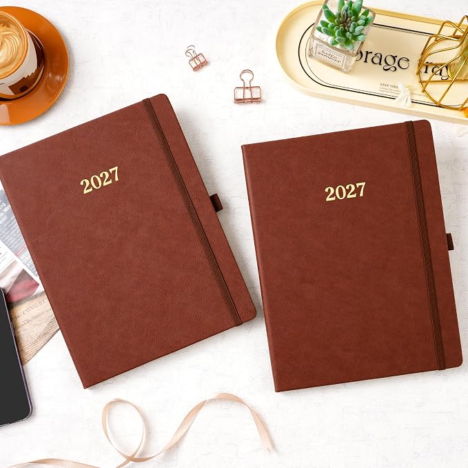 Vondafe 2027 Planner Weekly and Monthly, Jan. 2027 - Dec. 2027, 9" x 11" | Inner Pocket + Elastic Closure + Pen Loop + Bookmarks, Leather Hardcover, Brown, Calendar Planner 2027 for office planning