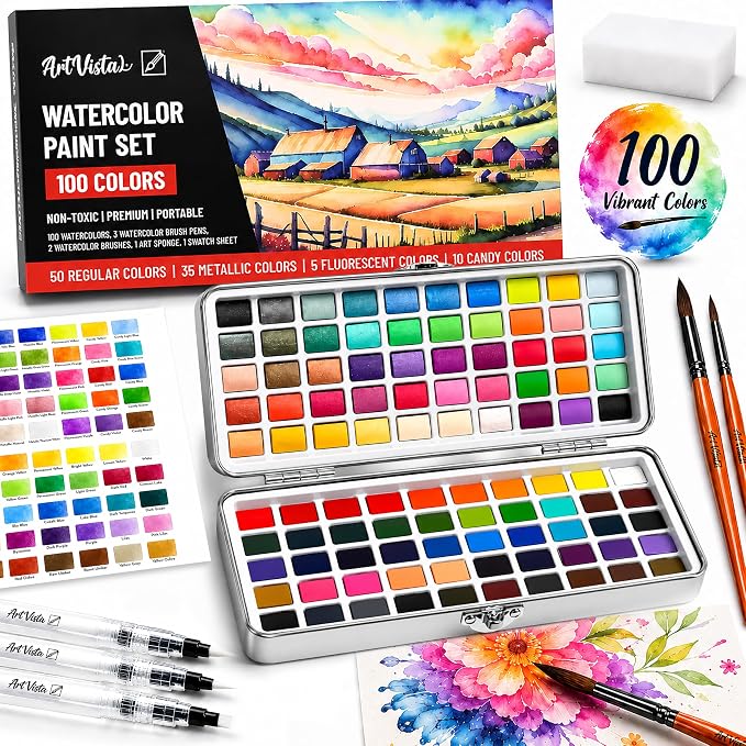 Watercolor Paint Set with 100 Bright Colors: for Adult Beginners & Professional with Metallic - Travel Sized Water Color Art Kit Palette