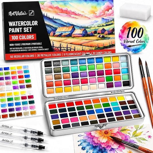 Watercolor Paint Set with 100 Bright Colors: for Adult Beginners & Professional with Metallic - Travel Sized Water Color Art Kit Palette