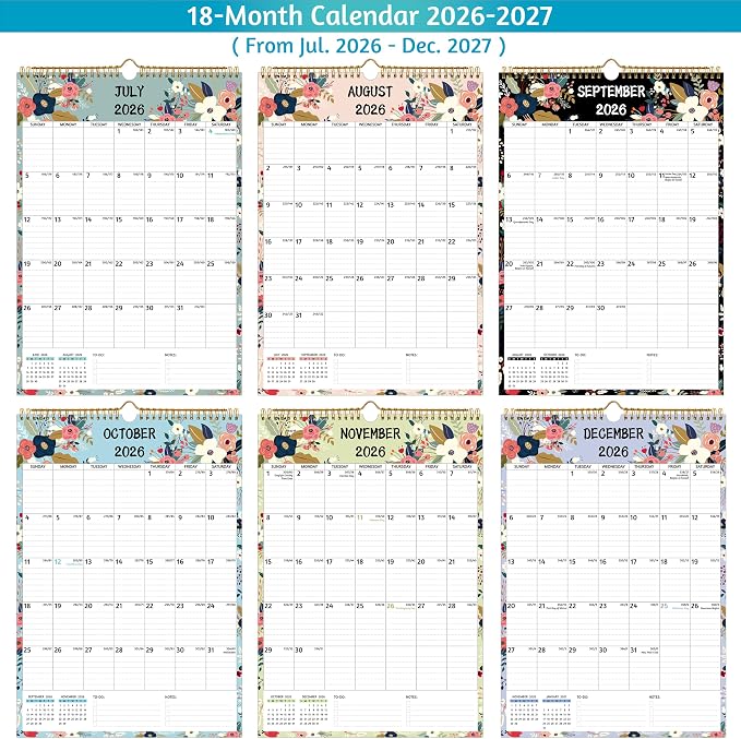 Wall Calendar 2026-2027 – Jul.2026 - Dec.2027, Calendar 2026-2027 Wall, 18 Monthly Calendar, 12 x 17 In, 2026-26 Calendar with Large Blocks, Thick Paper, Holidays, To-do ＆ Notes, Great for Organizing